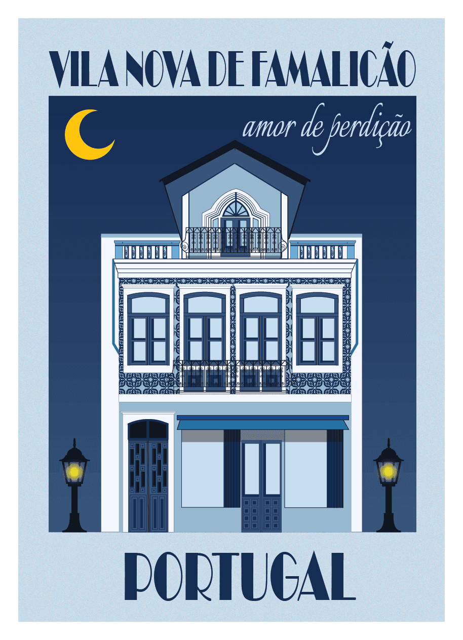 Ilustração vetorial de um edifício tradicional português em Vila Nova de Famalicão, à noite, com lua e candeeiros de rua.