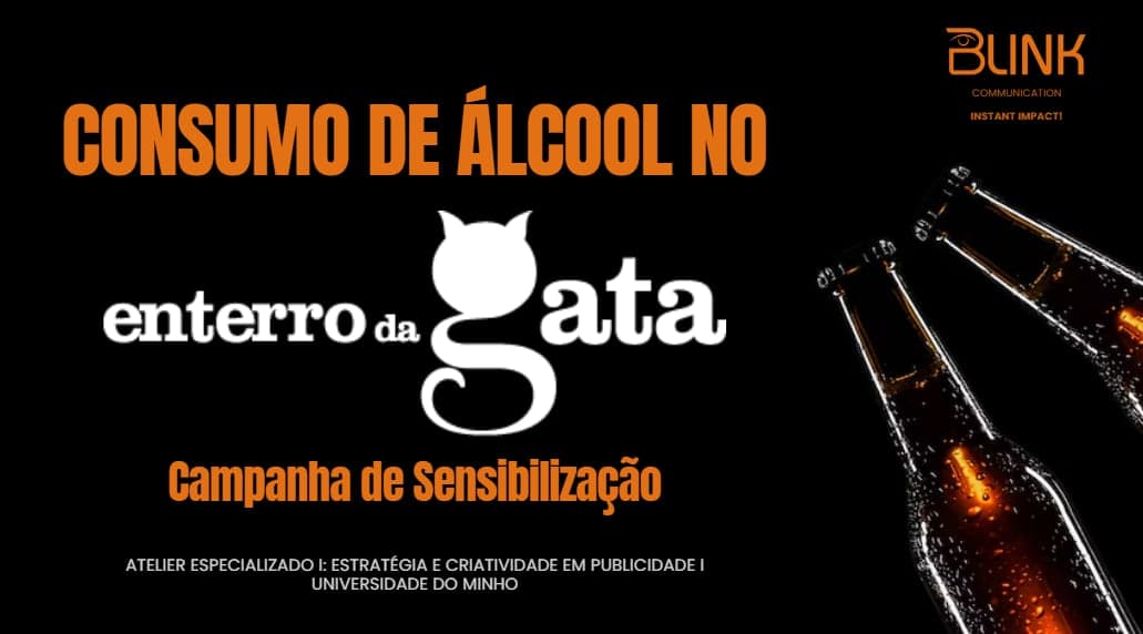 "Consumo de Álcool no Enterro da Gata", logótipo com orelhas de gato e duas cervejas.