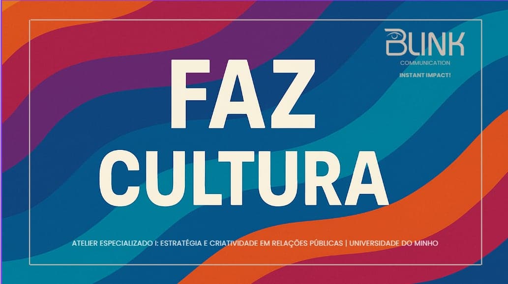 "Faz Cultura", tipografia grande sobre fundo de ondas coloridas.