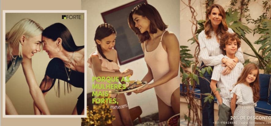 Três fotografias de campanha Forte Store — mãe e filha, mulher e criança, família.
