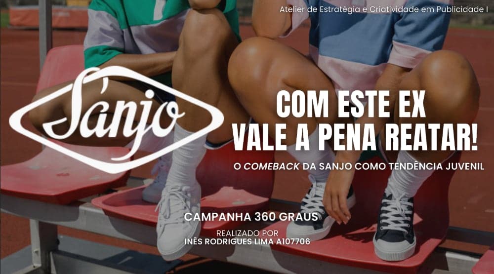 Duas pessoas sentadas em bancadas vermelhas com ténis SANJO, "Com este ex vale a pena reatar!"