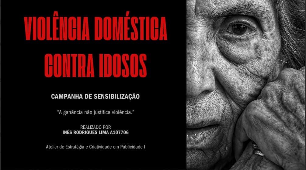 "Violência Doméstica Contra Idosos", retrato a preto e branco de uma idosa.